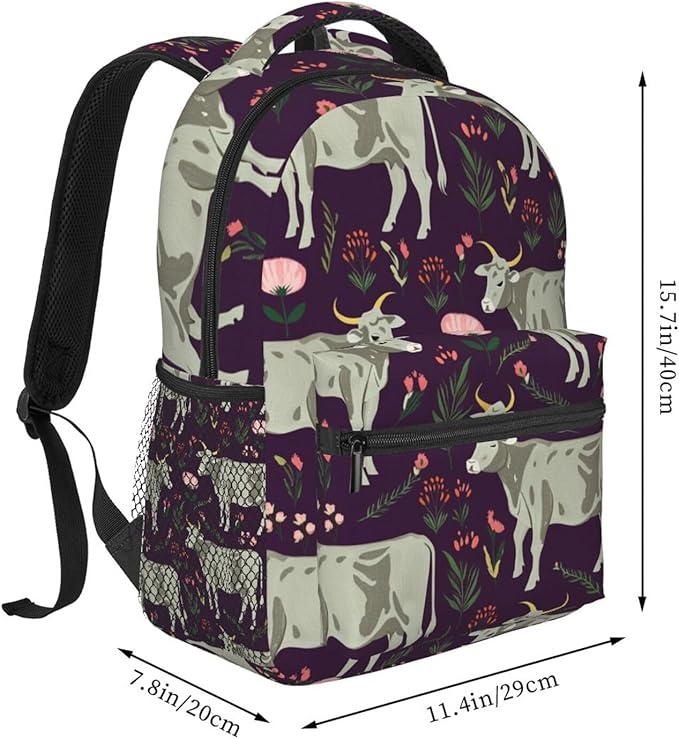 Men Women Polyester Brahman Cow Floral Backpack Large Capacity Bookbag With Smooth Zippers for Climbing Picnic Bicycle