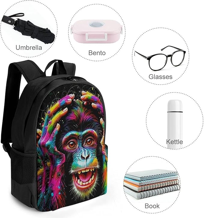 Daypack Backpack Polyester Anti-Theft Multipurpose Clever Animals Monkey Art Bookbag Big Capacity Travel Hiking Camping Rucksack With Smooth Zippers