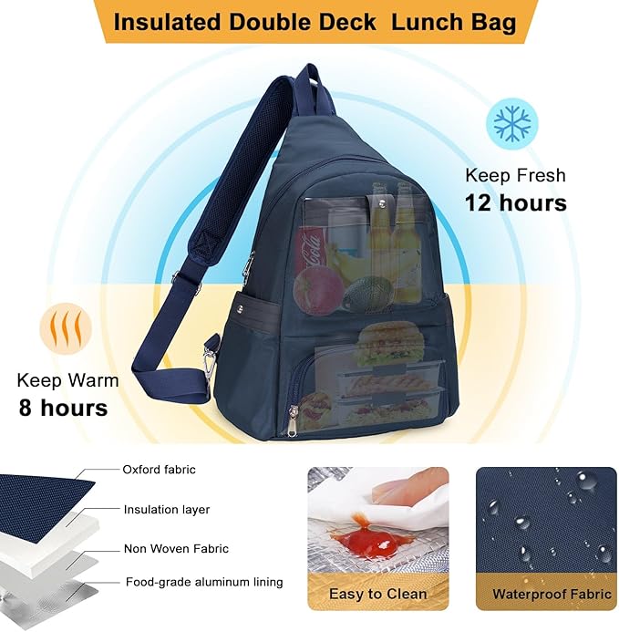 Crossbody Lunch Backpack, Double Deck Insulated Lunch Box for Men Women Adult, Leakproof Lunchbox with Side Pokets for iPad, Large Cooler Bag for Work Office Hiking Beach Picnic, Blue