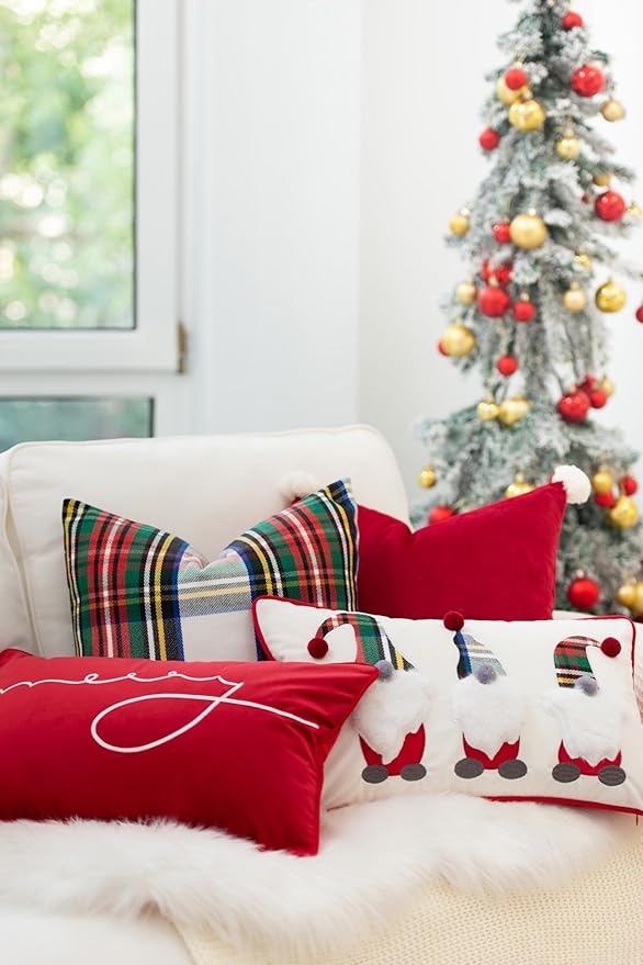 Hofdeco Premium Classic Christmas Holiday Winter Heavy-Weight Canvas Decorative Lumbar Pillow Cover ONLY for Couch, Sofa, Bed, Scottish Tartan Plaid with Sherpa Back, 12"x20"