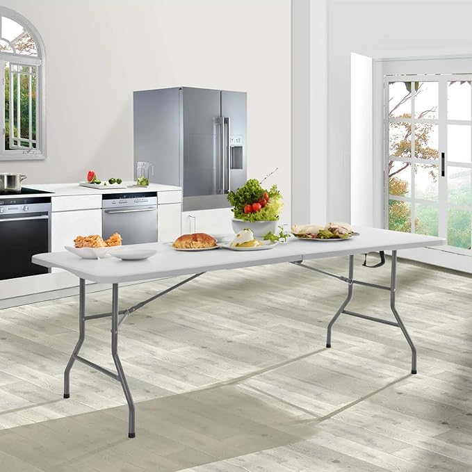 SKOK 330lbs Folding Picnic Table 8 Foot, 8FT Long Plastic Picnic Table Portable with Carry Handle, White Tailgating Utility Commercial Craft Table with Heavy Duty Frame for Party & Events