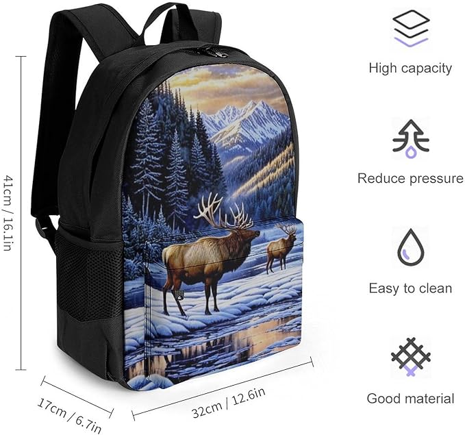 Supdreamc Daypack Backpack Anti-Theft Multipurpose Big Capacity Bookbag, Elk Winter Snow Business Computer Bag With Side Pockets