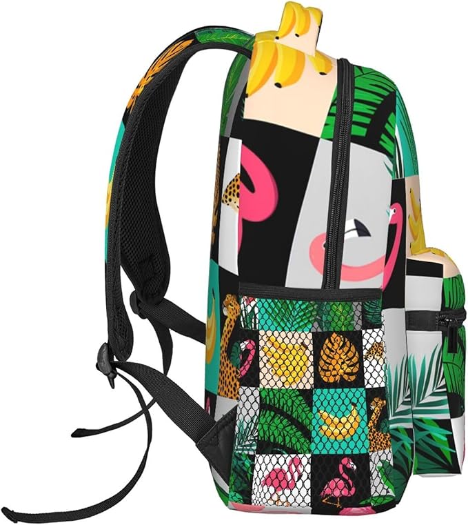 Daypack Backpack Anti-Theft Multipurpose Large Capacity Carry On Bag, Banana Palm Leaf Leopard Flamingo Stripe Traveling Camping Backpack With Side Pockets