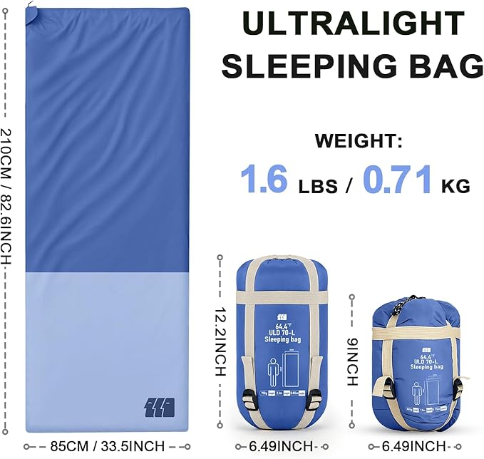 Ultralight Warm Weather Sleeping Bag - Portable, Waterproof, Compact Lightweight, Comfort with Compression Sack - Great for Outdoor Camping, Backpacking & Hiking