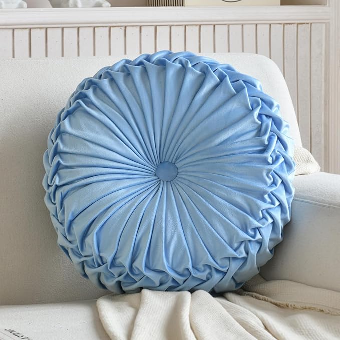 2 Pcs Round Throw Pillows Decorative Pumpkin Velvet Boho Pleated Bed Pillows Back Support for Couch Chair Dorm Car 14.96'' (Sky Blue)