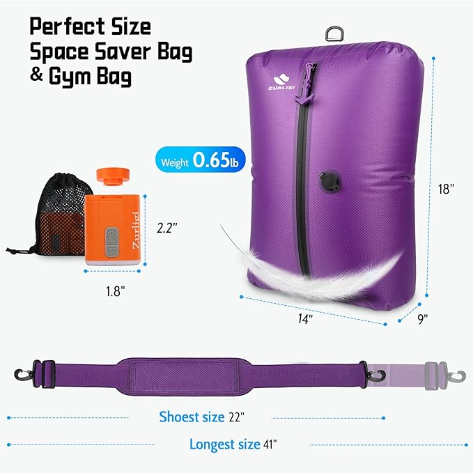 Zurligi Travel Vacuum Bags with Shoulder Strap & Mini Pump – IPX8 Waterproof Vacuum Seal Reusable 39L Carry-On Compression Bags for Clothes, Suitcase & Luggage(2-Pack, Purple)