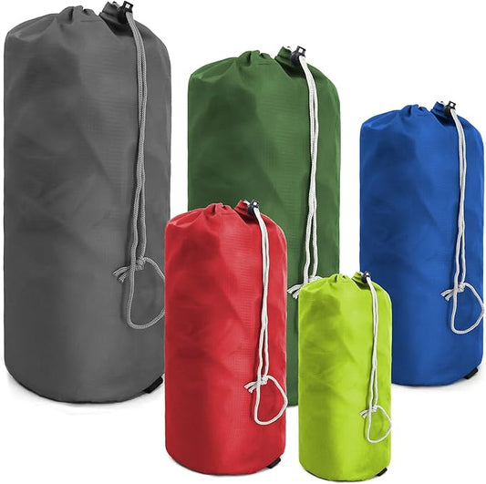 BeeGreen Small-Drawstring-Pouch-Bags 5 Pack with Dust Flap Stuff Sack for Travel Camping Outdoor Ditty Bags Foldable Lightweight