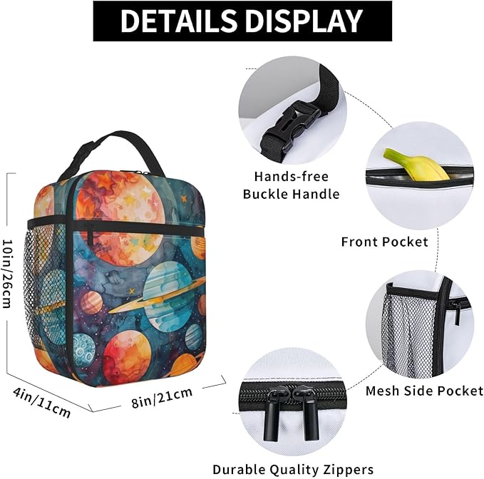 Colorful Galaxy Insulated Lunch Box for Women Men Cartoon Planet and Star Lunch Bag for Work,Picnic,Travel,Hiking,Beach or Fishing Polyester Astronomy Enthusiasts Lunch Box