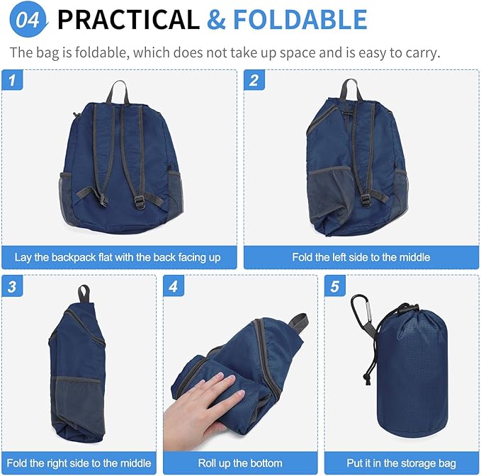 Hiking Backpack, 20L Packable Daypack for Men Women, Nylon with Adjustable Straps, Lightweight Waterproof Outdoor Camping Travel, Blue