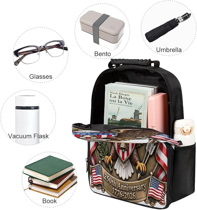 Men Women Polyester America 250th Anniversary USA Patriotic Freedom Art Daypack Big Capacity Shoulder Bag With Adjustable Shoulder Straps for Camping Travel Walking Cycling