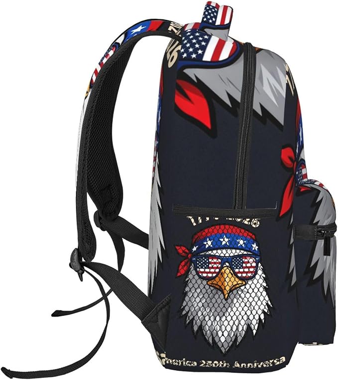 Men Women Polyester 250 Years 1776-2026 250th Birthday Eagle Liberty Art Backpack Large Capacity Bookbag With Smooth Zippers for Climbing Picnic Bicycle