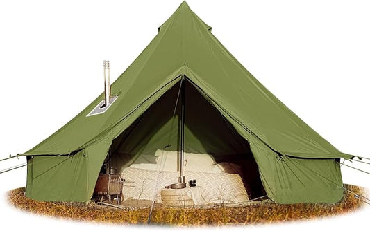 Cotton Canvas Bell Tent, Waterproof Large Tents with Sturdy Center & Door Pole and Space for 4/6/8 Person All 4 Season Camping Yurt Tent