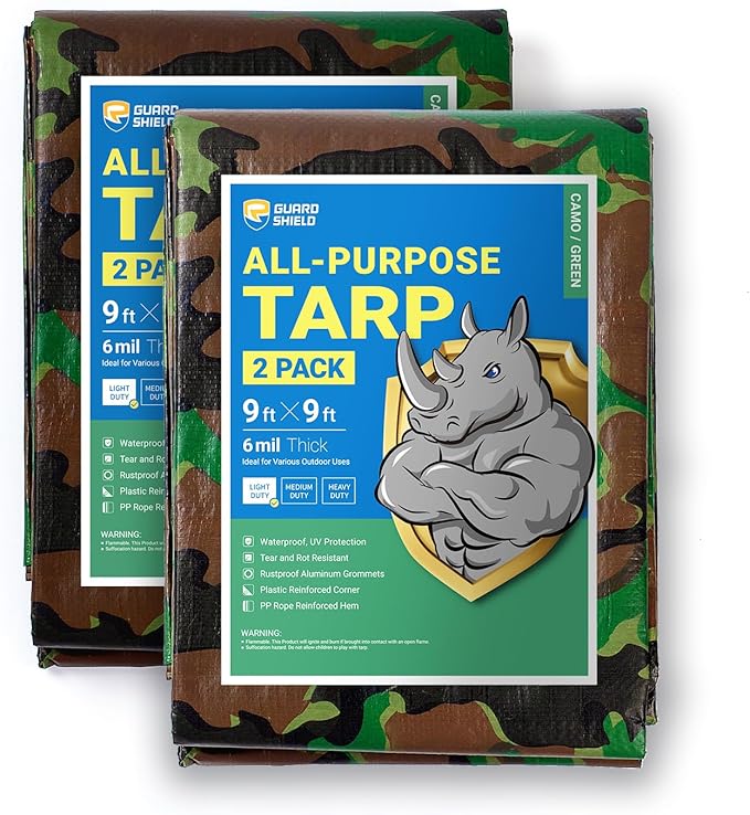 GUARD SHIELD Lightweight Camo Tarp Camouflage Tarps Waterproof 9x9 Feet Poly Cover 6mil (2-Pack)