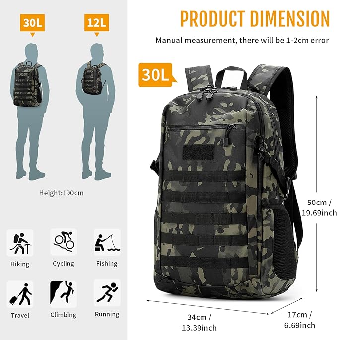 HUNTVP 10L/20L/30L Tactical Backpack Military MOLLE Backpack Rucksack Gear Tactical Assault Pack for Hunting Camping Trekking (30L-Camo)