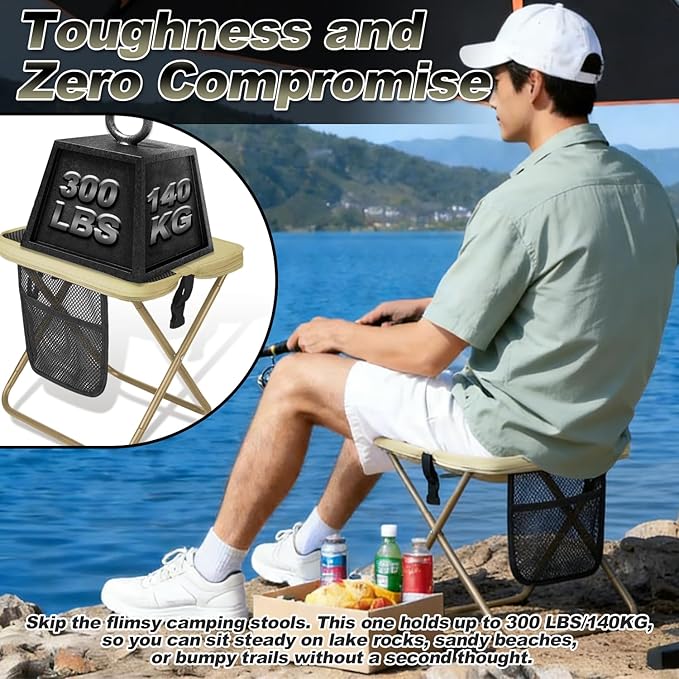 Foldable Backpack Stool for Adults - Portable Camping Stool with Sling Bag, 300lbs Capacity for Camping, Fishing, Hiking, Travel, Picnic (Khaki)