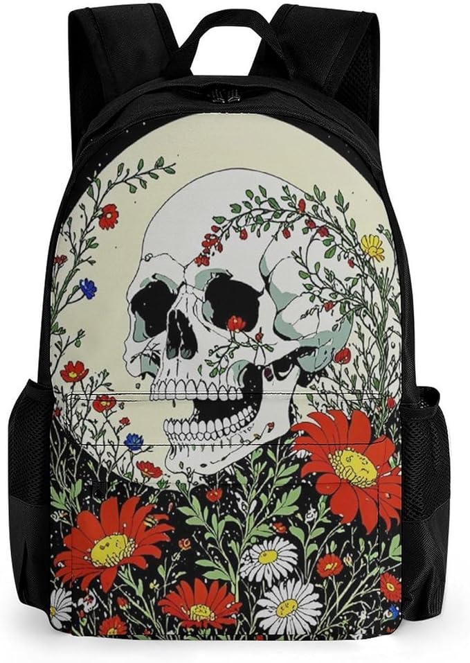 Supdreamc Daypack Backpack Polyester Anti-Theft Multipurpose Psychedelic Skull Skeleton Floral Art Bookbag Big Capacity Travel Hiking Camping Rucksack With Smooth Zippers