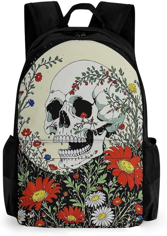 Supdreamc Daypack Backpack Polyester Anti-Theft Multipurpose Psychedelic Skull Skeleton Floral Art Bookbag Big Capacity Travel Hiking Camping Rucksack With Smooth Zippers