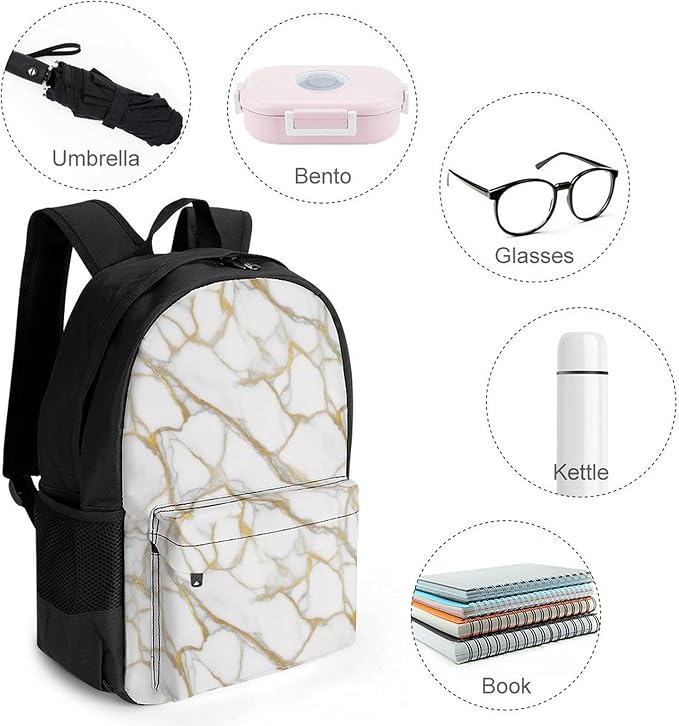 Supdreamc Lightweight Daypack Bookbag for Trekking Business Walking Cycling, Big Capacity Anti-Theft Multipurpose Carry On Bag, Gold Marble White Business Computer Bag