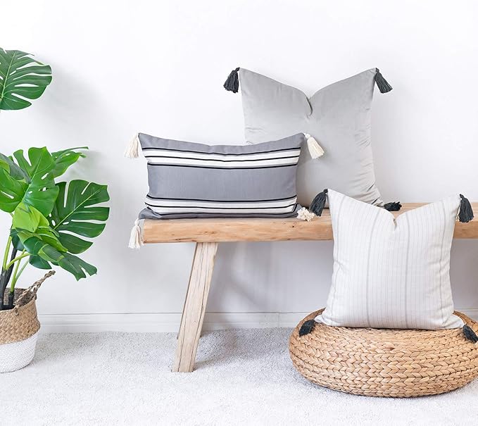 Hofdeco Neutral Decorative Throw Pillow Cover ONLY, for Couch, Sofa, or Bed, Gray Solid Tassel, 20"x20"