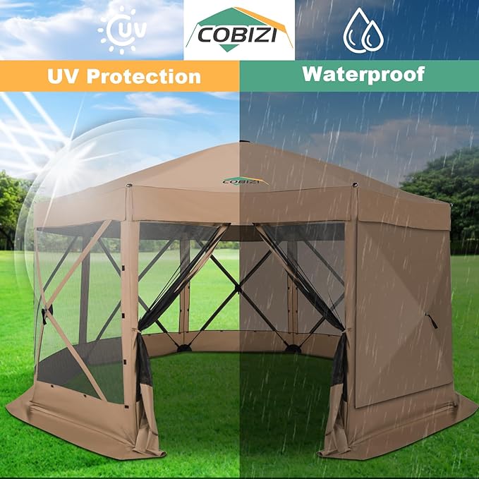 COBIZI 15x15 FT Pop Up Gazebo - Canopy Tent, Large Gazebos On Clearance with Sidewalls,carpas para Patio,Screened in Gazebo,Portable Screen Tents for 12-15 Persons Outdoor Camping, Backyard, Khaki