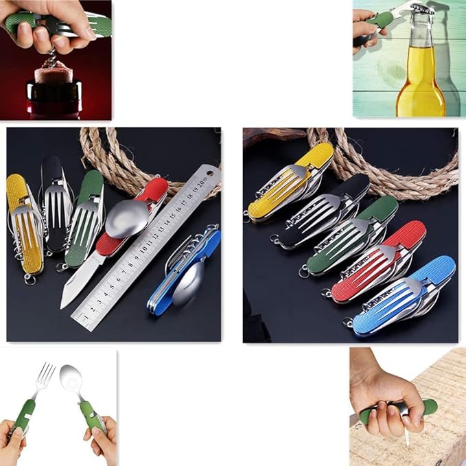 6-in-1 Multi-Function Camping Utensil Flatware Set Detachable Spoon Fork Knife Combo Mess Kit with Carrying Pouch (Black + Green)