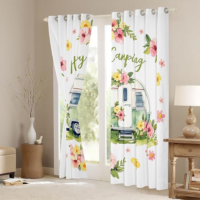 Erosebridal Happy Camping Camper Window Curtains 38" Wx45 L Flowers Rv Trailer Blackout Curtains for Bedroom Living Room,Outdoor Adventure Window Treatments Romantic Floral Drapes Decor 2 Panels