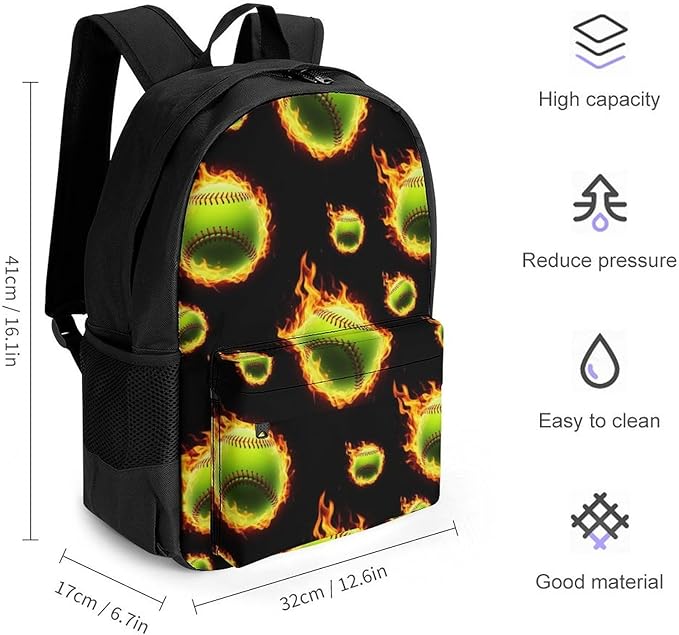 Supdreamc Men Women Lightweight Fire Flame Softball Baseball Casual Daypack Big Capacity Bookbag With Padded Straps for Gym Travel Walking Cycling