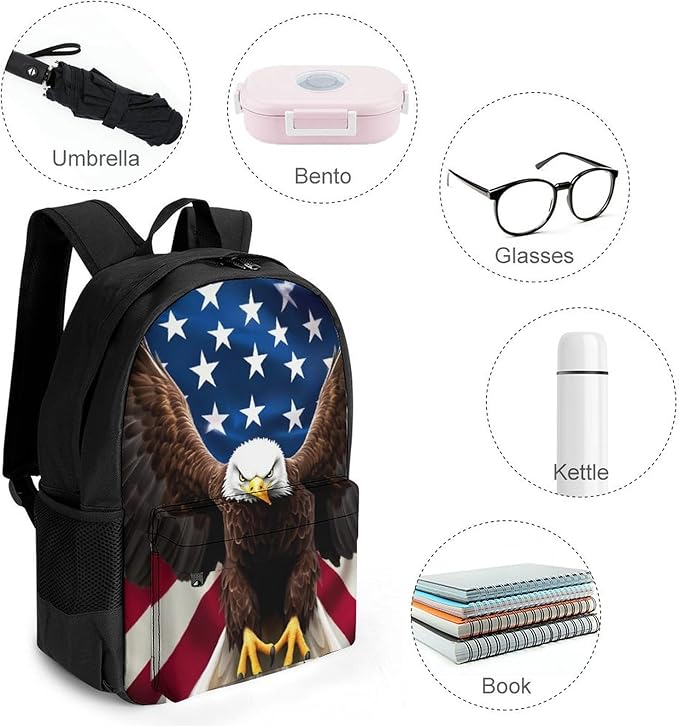 Supdreamc Lightweight Daypack for Camping Business Walking Cycling, Large Capacity Anti-Theft Multipurpose Bookbag, American Eagle Flag Gym Outdoor Hiking Backpack