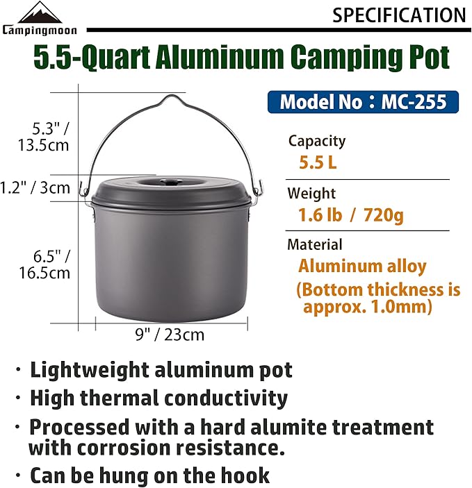 CAMPINGMOON Camping Pot 5.5-Quart Portable Campfire Cooking Hanging Pot Lightweight Aluminum MC-255