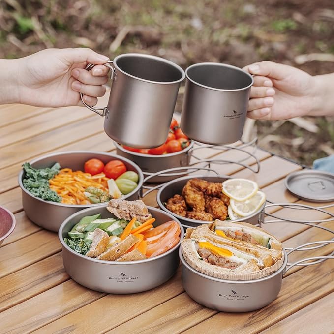 Boundless Voyage Titanium Bowls Dishes Set with Folding Handle Lightweight Portable Plates Saucers Tableware for Outdoor Camping Hiking Backpacking Ti1096T