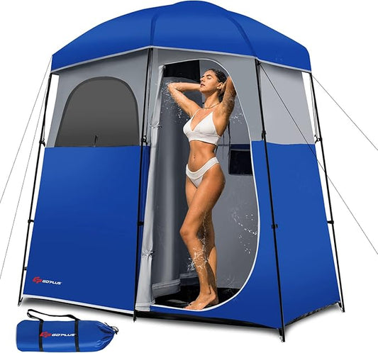 Goplus 2 Room Shower Tent, Portable Camping Changing With Floor Drain, Detachable Rain Fly, Stakes & Ropes, UV Protection, Water Resistant Privacy for Outdoor Toilet, Dressing (Blue)