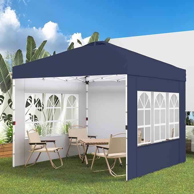 Shades 10x10 Pop Up Canopy with 3 Sidewalls & 4 Sandbags,Heavy Duty Beach Tent with Portable Bag,Sun Shelter for Parties,Events,Outdoor Gazebo with 420D Coated Waterproof Navy Blue Fabric