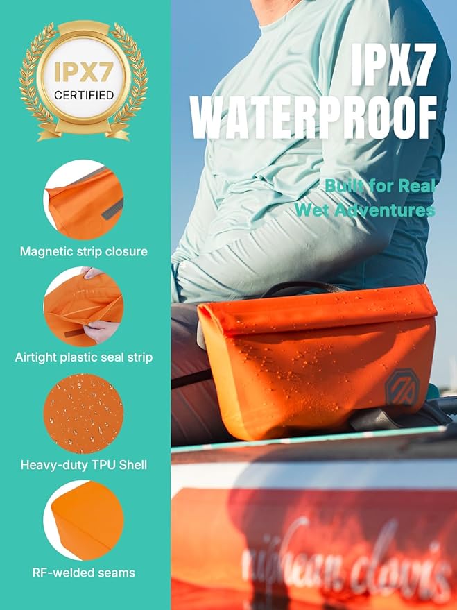 niphean IPX7 Waterproof Fanny Pack with Magnetic One-Hand Closure, Durable Waterproof Dry Bag, for Kayaking, Paddle Boarding, Beach Cruise Essentials, 2.5L Phone Pouch Dry Bags for Men Women, Orange