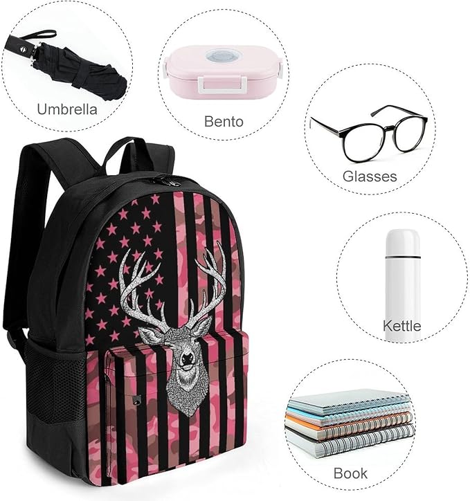 Lightweight Daypack Bookbag for Trekking Business Walking Cycling, Big Capacity Anti-Theft Multipurpose Carry On Bag, Pink Camouflage American Flag Hunting Camo Deer Business Computer Bag