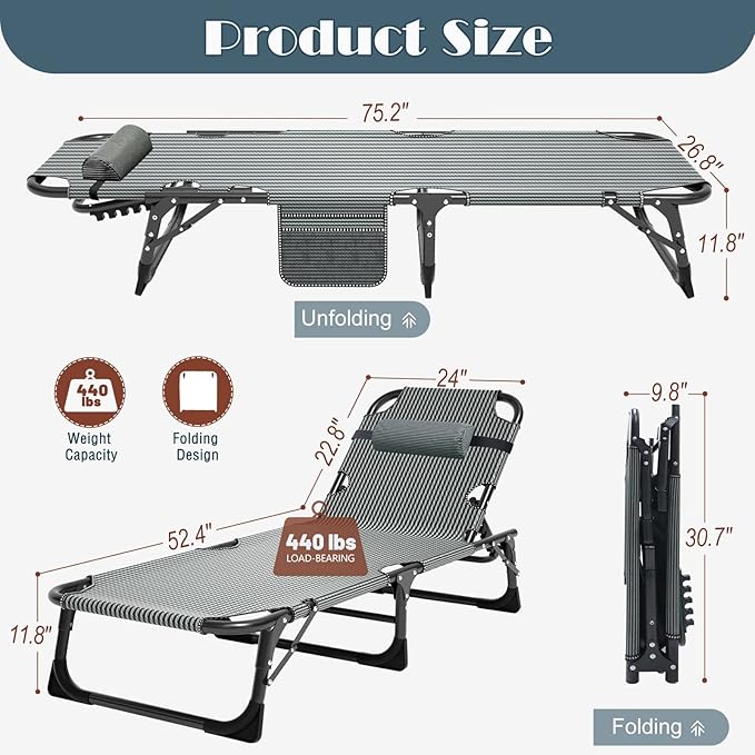 LILYPELLE Lounge Chair with Mattress, Heavy Duty Outside Lounge Chair Outdoor Portable Folding Lounge Chairs Sleeping Cots Bed for Camping, Pool, Beach, Patio