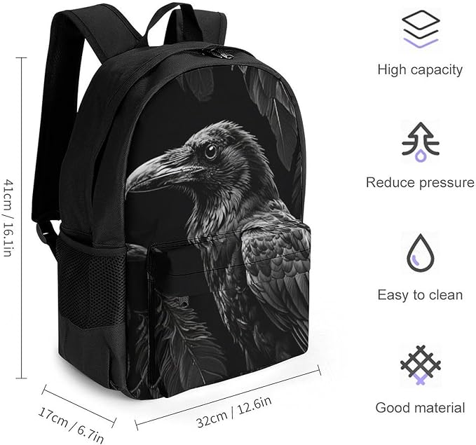 Men Women Polyester Black Crow Raven Bird Art Daypack Big Capacity Shoulder Bag With Adjustable Shoulder Straps for Camping Travel Walking Cycling