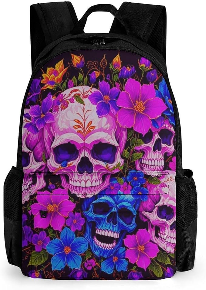 Lightweight Daypack Backpack for Trekking Work Running, Big Capacity Multipurpose Anti-Theft Bookbag, Purple Psychedelic Mexican Sugar Skulls Day Of The Dead Floral Flowers Business Computer Bag