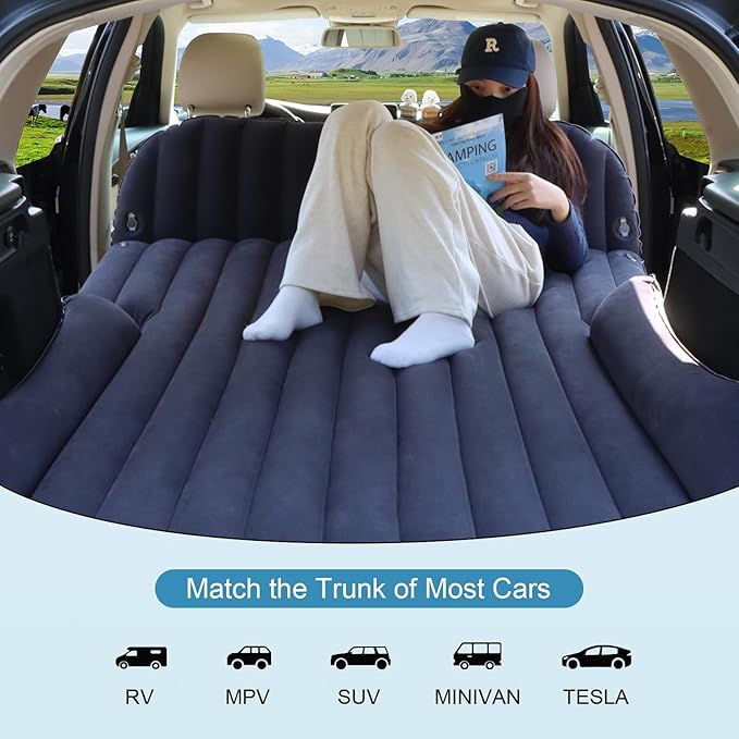 SUV Air Mattress with Double-Sided-Thick Flocked/Car Mattress with Pump & Built-in Pillow/Leakproof Comfortable Durable Car Air Mattress/Car Bed for Auto Camping,Road Trip