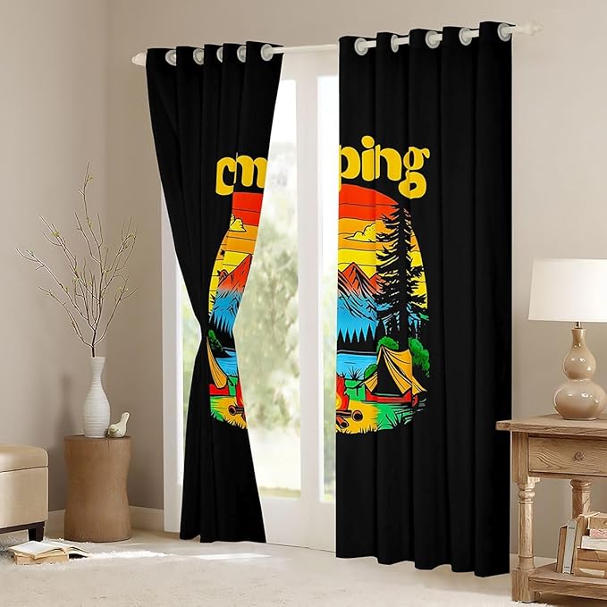 Erosebridal Happy Camping Blackout Curtains for Bedroom Living Room Camper Decor Window Curtains 2 Panels 52" Wx84 L Jungle Camping Adventure Travel Drapes,Rustic Farmhouse Window Treatments