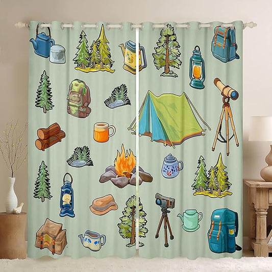 Feelyou Green Camper Theme Blackout Curtains Happy Camping Darkening Drapes for Bedroom Living Room Decor Camper Accessories Thermal Insulated Shades Window Treatments, 2 Panels 42 x 63 Inch