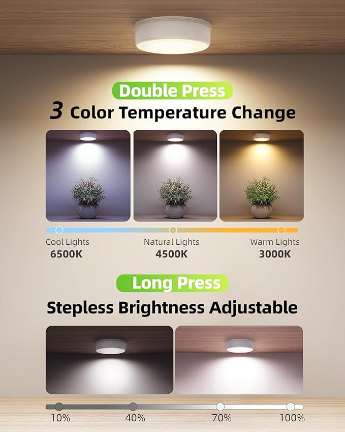 EZVALO LED Puck Lights, Rechargeable Sitck On Tap Lights, Wireless Closet Light, 3 Color Temps, Under Cabinet Lights, 2.5'' Mini Touch Light, Ideal for Kitchen,Closet,Pantry,Shelves,Camper(6 Pack)