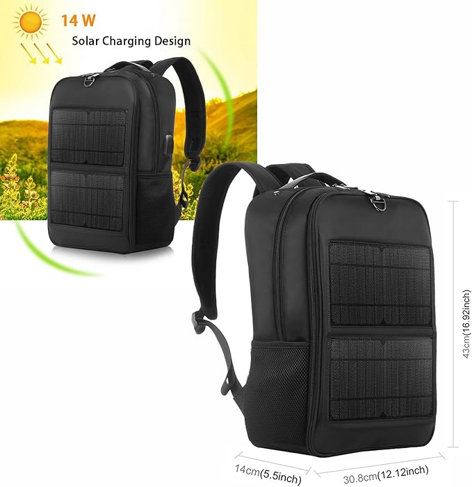 14W Solar Backpack - Waterproof, Smart USB Charging Backpack, Ergonomic Multifunction Laptop Bag Outdoor Hiking Backpack, Perfect for Business, Running, Biking