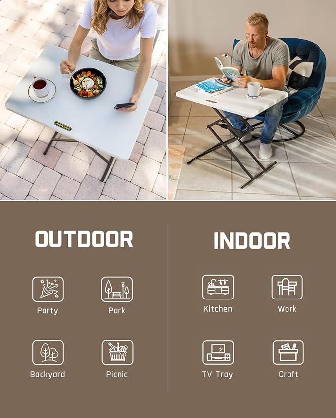 FanttikOutdoor Folding Table, One-Handed Height Adjustment, 3 Heights, Multi-Functional Small Folding Table 28 inch, TV Tray, Portable Dinner Table, No Assembly, 1 Pack, White Zeta X1 Pro