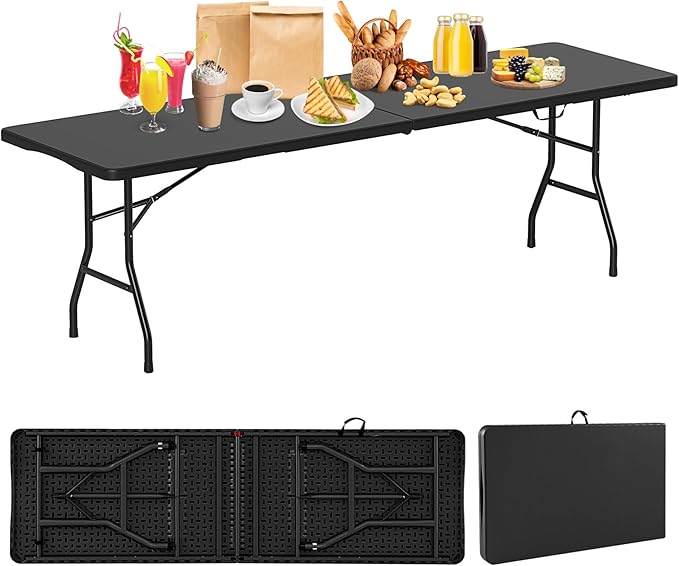 Folding Table, HDPE Portable Table with 8 ft Long Tabletop, Metal Frame Picnic Camping Table with Safe Lock, Collapsible Dining Table for Camping, Picnic, Party (Black, 8 FT)