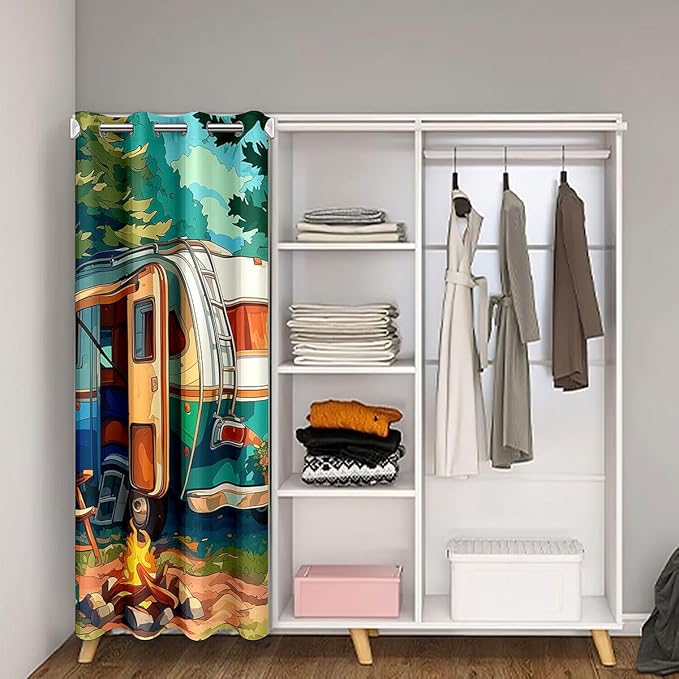 Camper RV Trailer Kids Door Curtain,Tent Bonfire Campfire Pine Tree Nature Blackout Curtain,Rustic Farmhouse Cabin Bedroom Doorway Living Room Decor,Watercolor Privacy Door Drape 1 Panel,34" W X 80" L