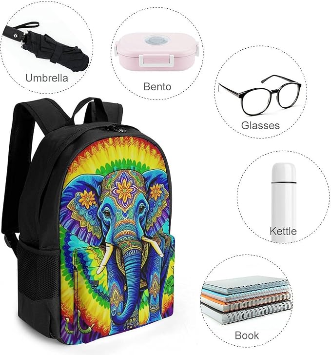 Supdreamc Daypack Backpack Anti-Theft Multipurpose Large Capacity Carry On Bag, Tie Dye Elephant Traveling Camping Backpack With Side Pockets