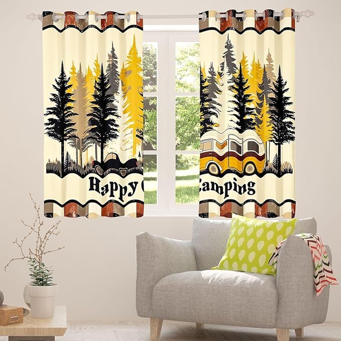 jejeloiu Happy Camping Curtains for Bedroom Living Room RV Camping 30%-50% Blackout Darkening Drapes Pine Tree Window Treatments, 2 Panels 38 x 45 Inch Rustic Plaid Room Decor