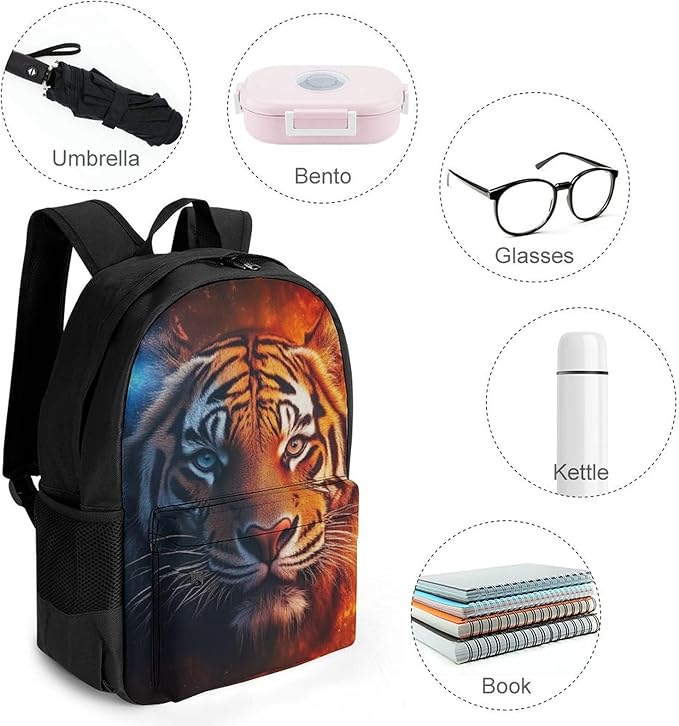 Rucksack Polyester Anti-Theft Multipurpose Space Fire Flame Animal King Wild Angry Tiger Bookbag Big Capacity Travel and Sport Backpack Rucksack With Side Pockets