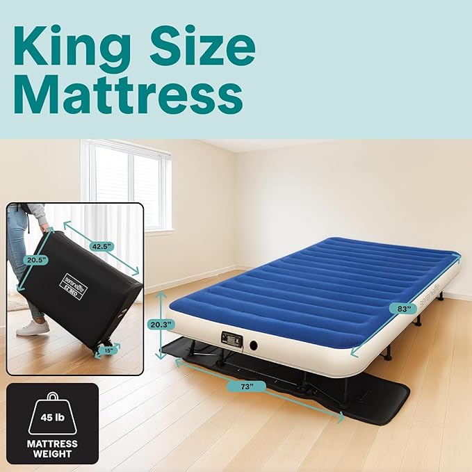 SereneLife (King) EZ Bed Air Mattress with Frame and Rolling Case - 3 Min Self Inflating Air Bed with Upgraded U-Coil Mattress and Premium Soft Flocked Top, Wall Plug AC Powered Inflate and Deflate