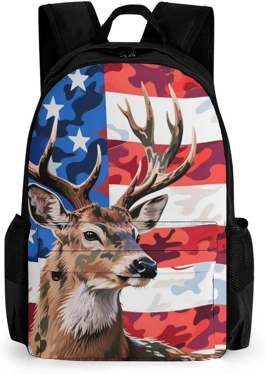 Men Women Lightweight American Flag Camo Deer Camouflage Art Daypack Bookbag Big Capacity Carry On Bag With Side Pockets for Camping Travel Bicycle